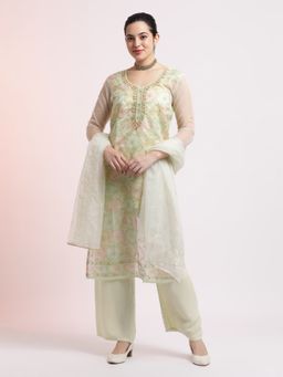 Jaipur Kurti - Green Organza Floral Kurta with Palazzo and Dupatta (Set of 3)