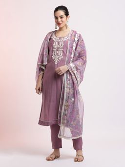 Jaipur Kurti - Lavender Silk Blend Embroidered Kurta with Pant and Dupatta (Set of 3)