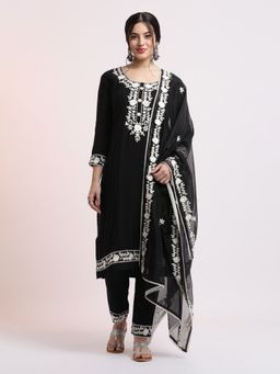 Jaipur Kurti - Black Silk Blend Embroidered Kurta with Pant and Dupatta (Set of 3)