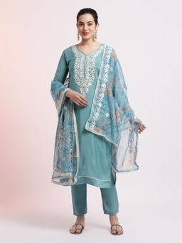 Jaipur Kurti - Blue Silk Blend Embroidered Kurta with Pant and Dupatta (Set of 3)