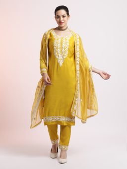 Jaipur Kurti - Mustard Silk Blend Embroidered Kurta with Pant and Dupatta (Set of 3)