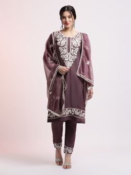 Jaipur Kurti - Wine Silk Blend Embroidered Kurta with Pant and Dupatta (Set of 3)