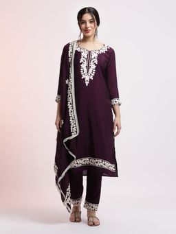 Jaipur Kurti - Wine Silk Blend Embroidered Kurta with Pant and Dupatta (Set of 3)