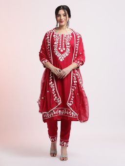Jaipur Kurti - Red Silk Blend Embroidered Kurta with Pant and Dupatta (Set of 3)