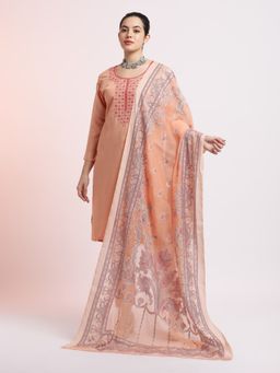 Jaipur Kurti - Peach Silk Blend Embroidered Kurta with Pant and Dupatta (Set of 3)