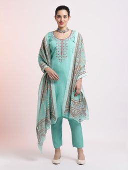Jaipur Kurti - Green Silk Blend Embroidered Kurta with Pant and Dupatta (Set of 3)