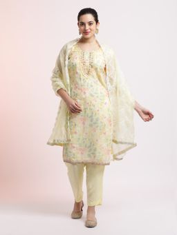 Jaipur Kurti - Yellow Organza Floral Kurta with Pant and Dupatta (Set of 3)