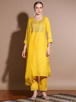 Jaipur Kurti - Yellow Cotton Blend Embroidered Kurta with Pant and Dupatta (Set of 3)