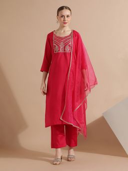 Jaipur Kurti - Pink Cotton Blend Embroidered Kurta with Pant and Dupatta (Set of 3)