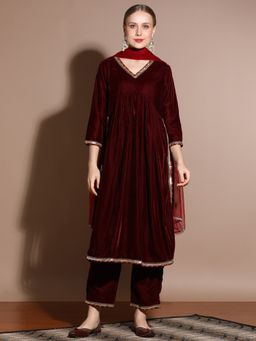 Jaipur Kurti - Maroon Velvet Solid/Plain Kurta with Pant and Dupatta (Set of 3)