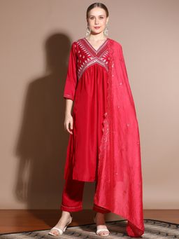 Jaipur Kurti - Red Silk Blend Embroidered Kurta with Pant and Dupatta (Set of 3)