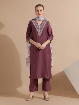 Jaipur Kurti - Mauve Silk Blend Embroidered Kurta with Pant and Dupatta (Set of 3)