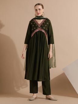 Jaipur Kurti - Green Silk Blend Embroidered Kurta with Pant and Dupatta (Set of 3)