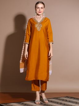 Jaipur Kurti - Mustard Silk Blend Embroidered Kurta with Pant and Dupatta (Set of 3)