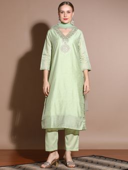 Jaipur Kurti - Green Chanderi Silk Embroidered Kurta with Pant and Dupatta (Set of 3)