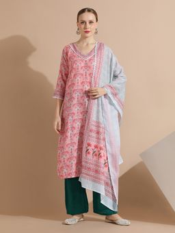 Jaipur Kurti - Peach Cotton Blend Floral Kurta with Palazzo and Dupatta (Set of 3)