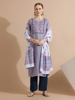 Jaipur Kurti - Multi-Color Cotton Blend Floral Kurta with Palazzo and Dupatta (Set of 3)