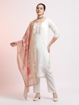 Jaipur Kurti - White Cotton Blend Embroidered Kurta with Pant and Dupatta (Set of 3)