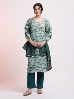 Jaipur Kurti - Green Cotton Blend Printed Kurta with Pant and Dupatta (Set of 3)