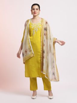 Jaipur Kurti - Yellow Cotton Blend Embroidered Kurta with Pant and Dupatta (Set of 3)