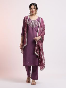 Jaipur Kurti - Purple Cotton Blend Embroidered Kurta with Pant and Dupatta (Set of 3)