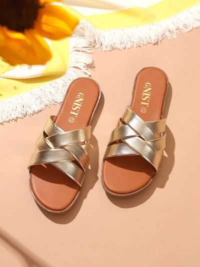 Strappy Slip On Gold Flats