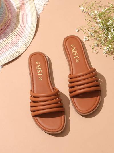 Strappy Slip On Tan Flats