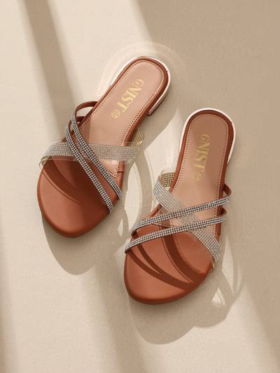 Embellished Cross Strap Tan Flats
