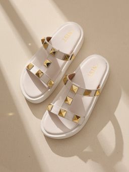 GNIST - T Strap Studded Flatform White Sandal Heels