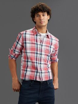 Pepe Jeans - Men Pink Checked Spread Collar Long Sleeves Shirt