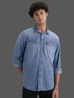 Pepe Jeans - Men Blue Solid Spread Collar Long Sleeves Shirt