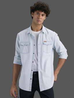 Pepe Jeans - Men Blue Solid Spread Collar Long Sleeves Shirt