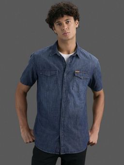 Pepe Jeans - Men Blue Solid Spread Collar Short Sleeves Shirt