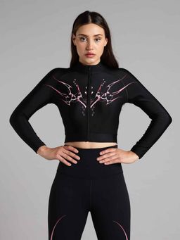 XTREMEX - High Neck Blaze Cropped Compression Zipper Full Sleeves T-Shirt