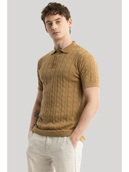 Snitch - Men Brown Self Design Fresco Knitted Polo T-Shirt