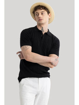 Snitch - Men Black Self Design Fresco Knitted Polo T-Shirt