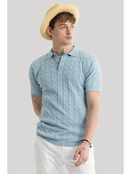 Snitch - Men Light Blue Self Design Fresco Knitted Polo T-Shirt