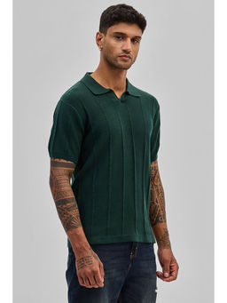 Snitch - Men Dark Green Self Design Polo T-Shirt