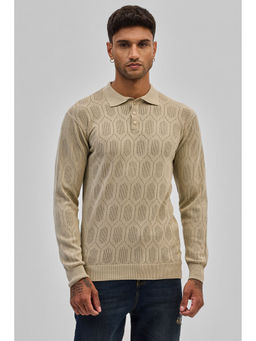 Snitch - Men Beige Self-Design Polo T-Shirt