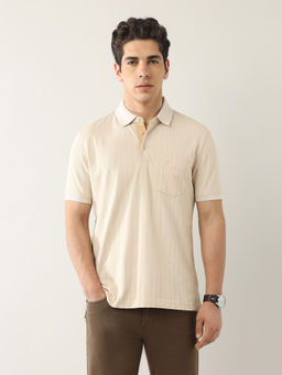 Arrow - Men Beige Vertical Stripes Regular Fit Polo T-Shirt