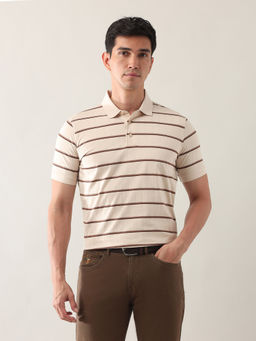 Arrow - Men Beige Horizontal Stripes Regular Fit Polo T-Shirt