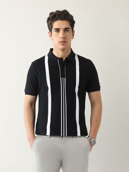 Arrow Sports - Men Black Cotton Vertical Stripes Polo T-Shirt