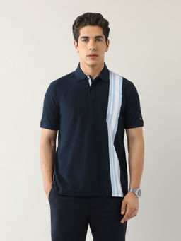 Arrow Sports - Men Navy Blue Vertical Stripes Regular Fit Polo T-Shirt