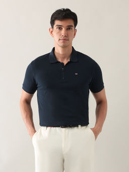 Arrow Sports - Men Navy Blue Cotton Textured Polo T-Shirt