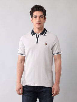 U.S. Polo Assn. Denim Co. - Men Grey Slim Fit Textured Polo T-Shirt
