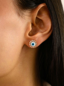 METALM - Gold Sparkling CZ Diamond Protective Silver Jewellery Evil Eye Stud Earrings