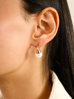 METALM - Women 925 Silver Rose Gold Finish Pearl Drop Stud Earrings