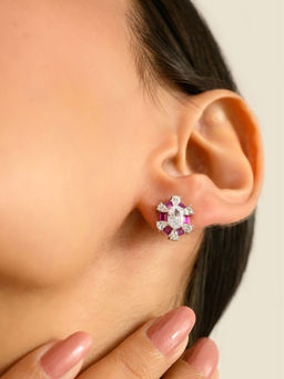 METALM - Women White and Ruby Pink CZ Diamonds 925 Silver Stud Earrings