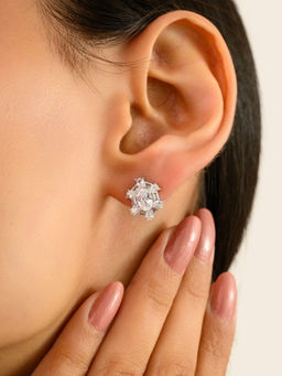 METALM - Women White CZ Diamonds 925 Silver Snowflake Stud Earrings