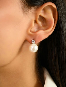 METALM - White Gold Plated CZ Solitaire Diamond Freshwater Pearl Drop Stud Earrings
